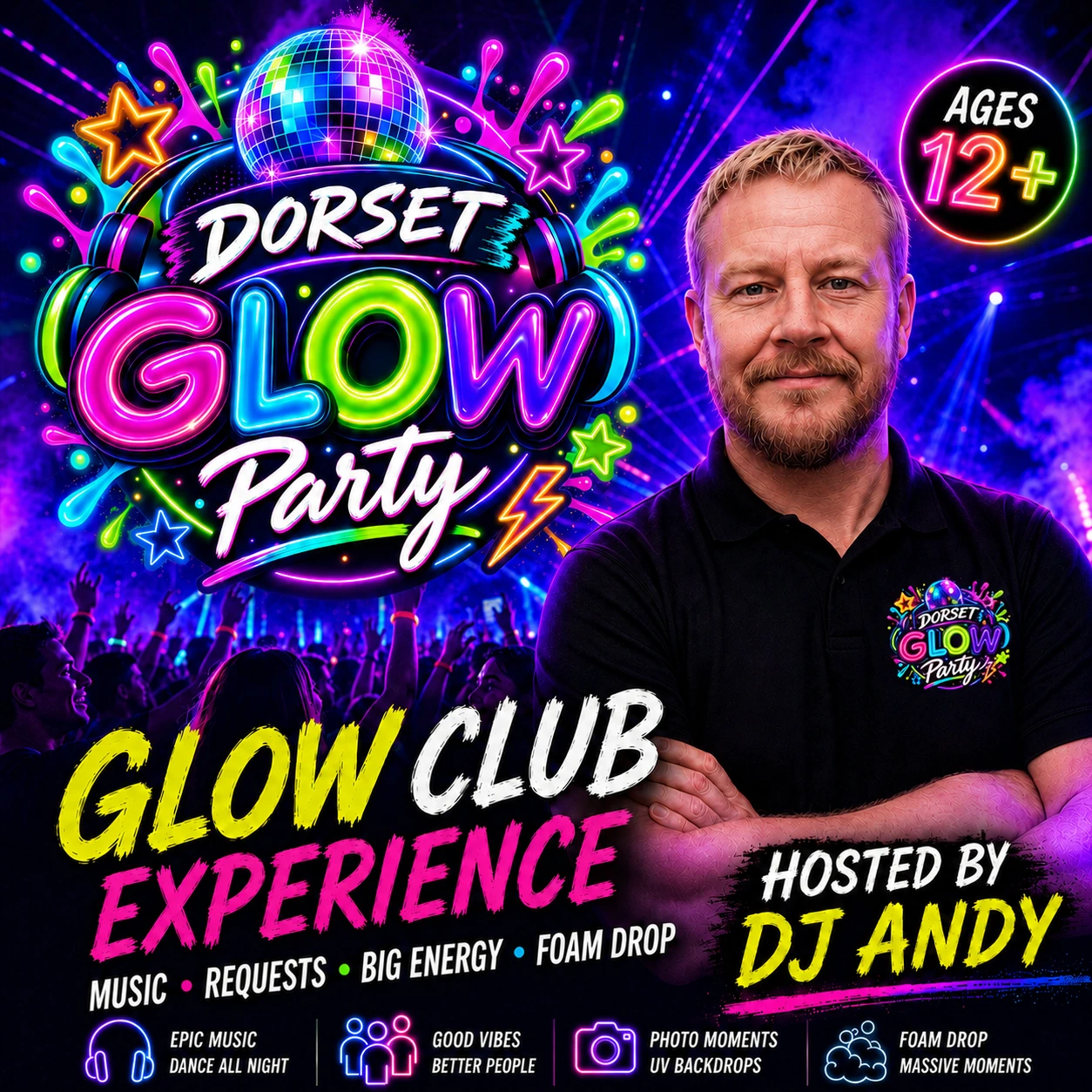 DJ Andy hosting a 12 plus Glow Club party in Dorset
