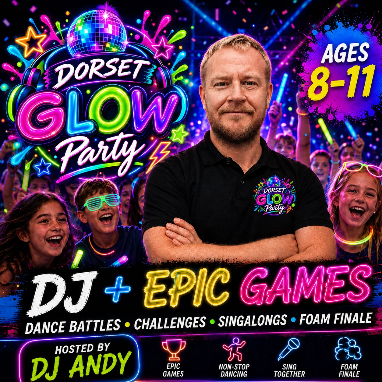 DJ Andy hosting a kids disco in Dorset for ages 8 to 11 with glow party lighting and games