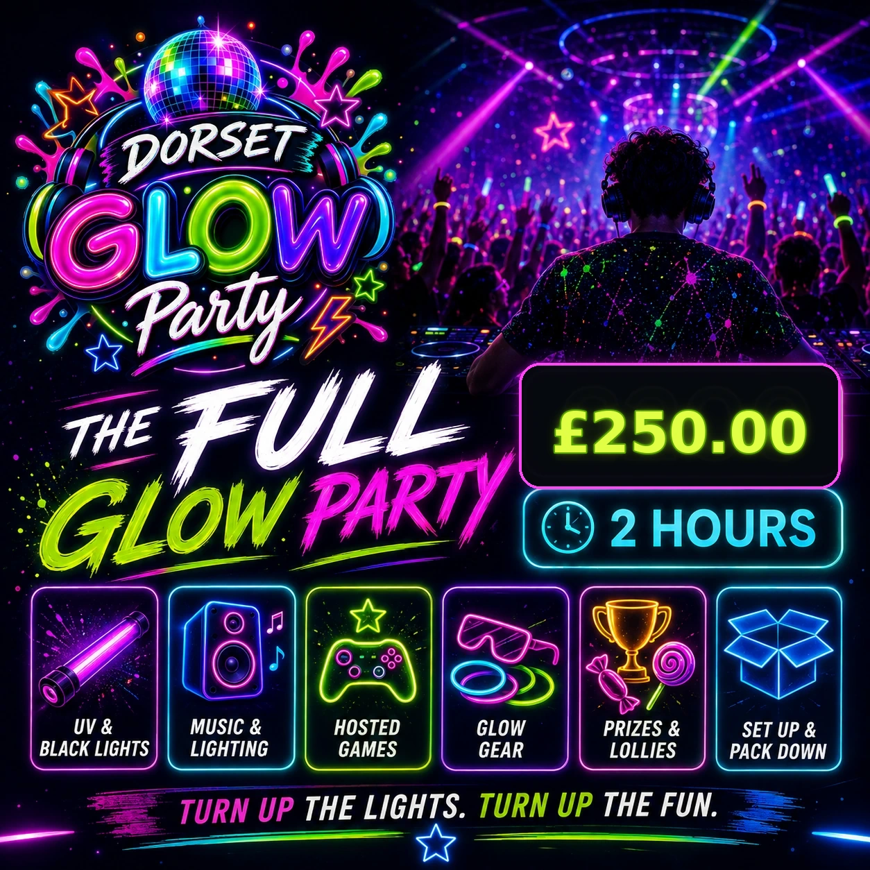 Dorset Glow Party package with DJ music games UV lighting glow effects and foam for children's parties