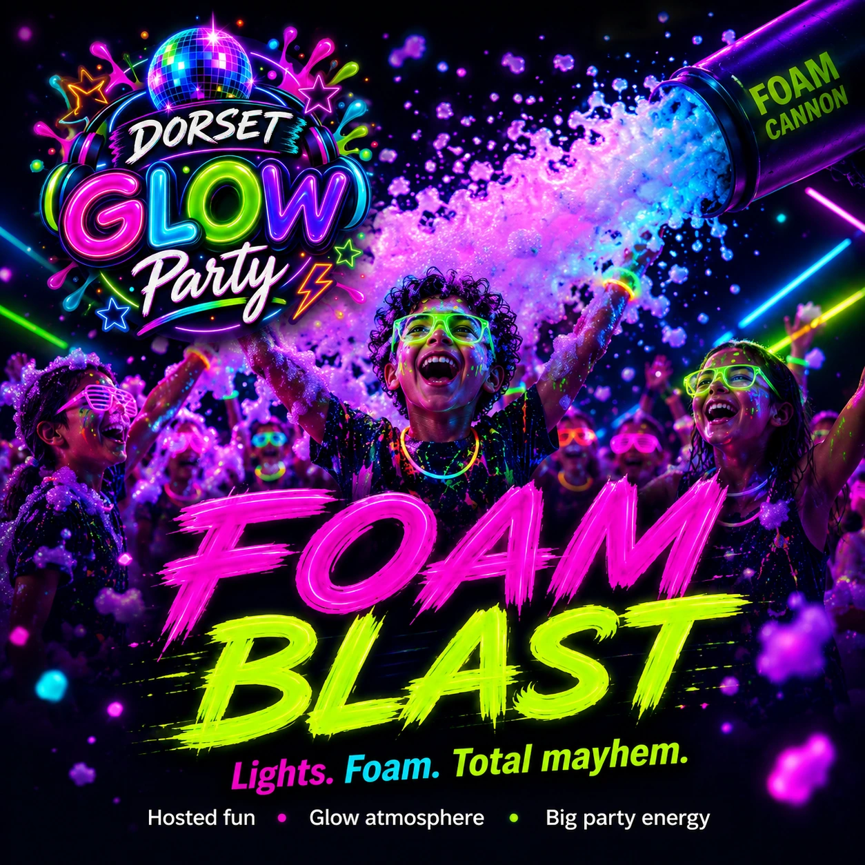 Foam finale at a Dorset kids glow disco