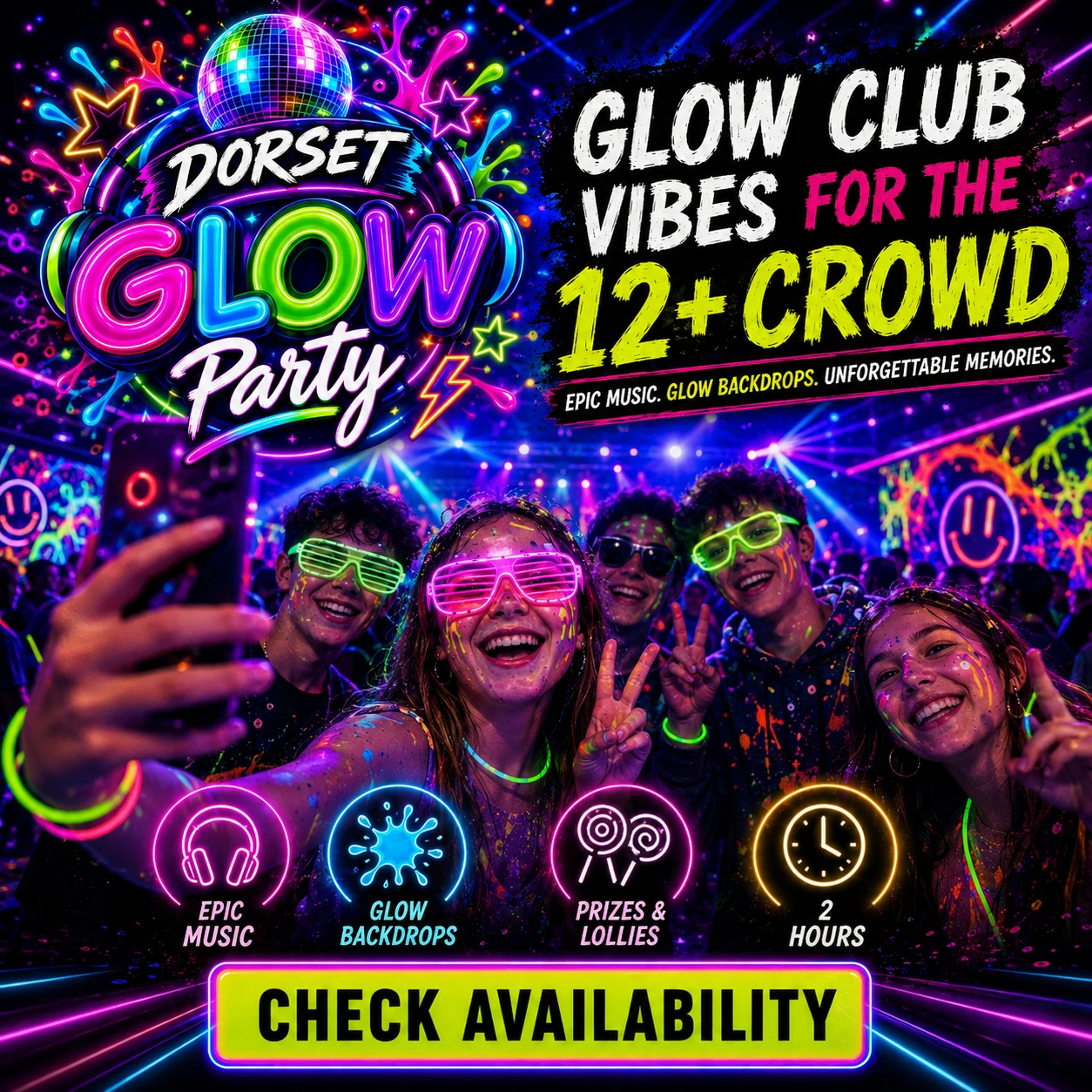 Glow Club party in Dorset for ages 12 plus