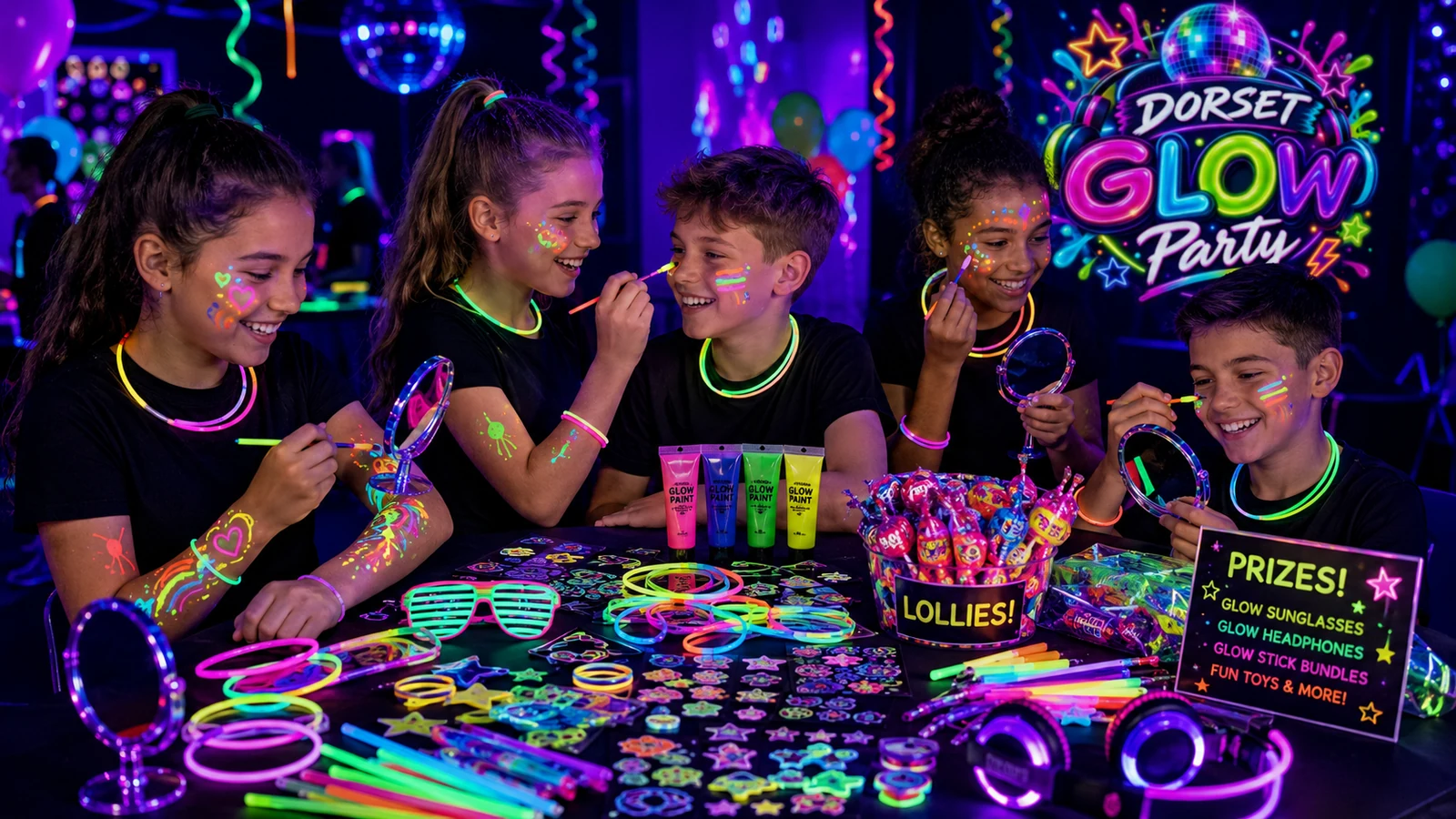Friends aged 10 to 13 enjoying fluorescent glow paints and mirrors at a Dorset Glow Party