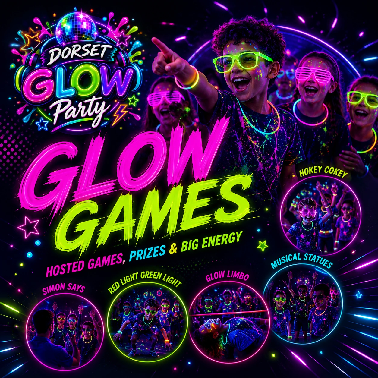 Kids disco games and glow party challenges in Dorset