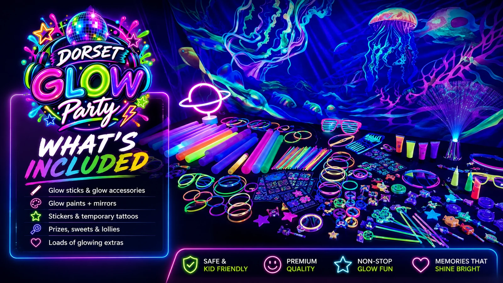 Glow party extras for kids parties in Verwood Ringwood Dorset and West Hampshire